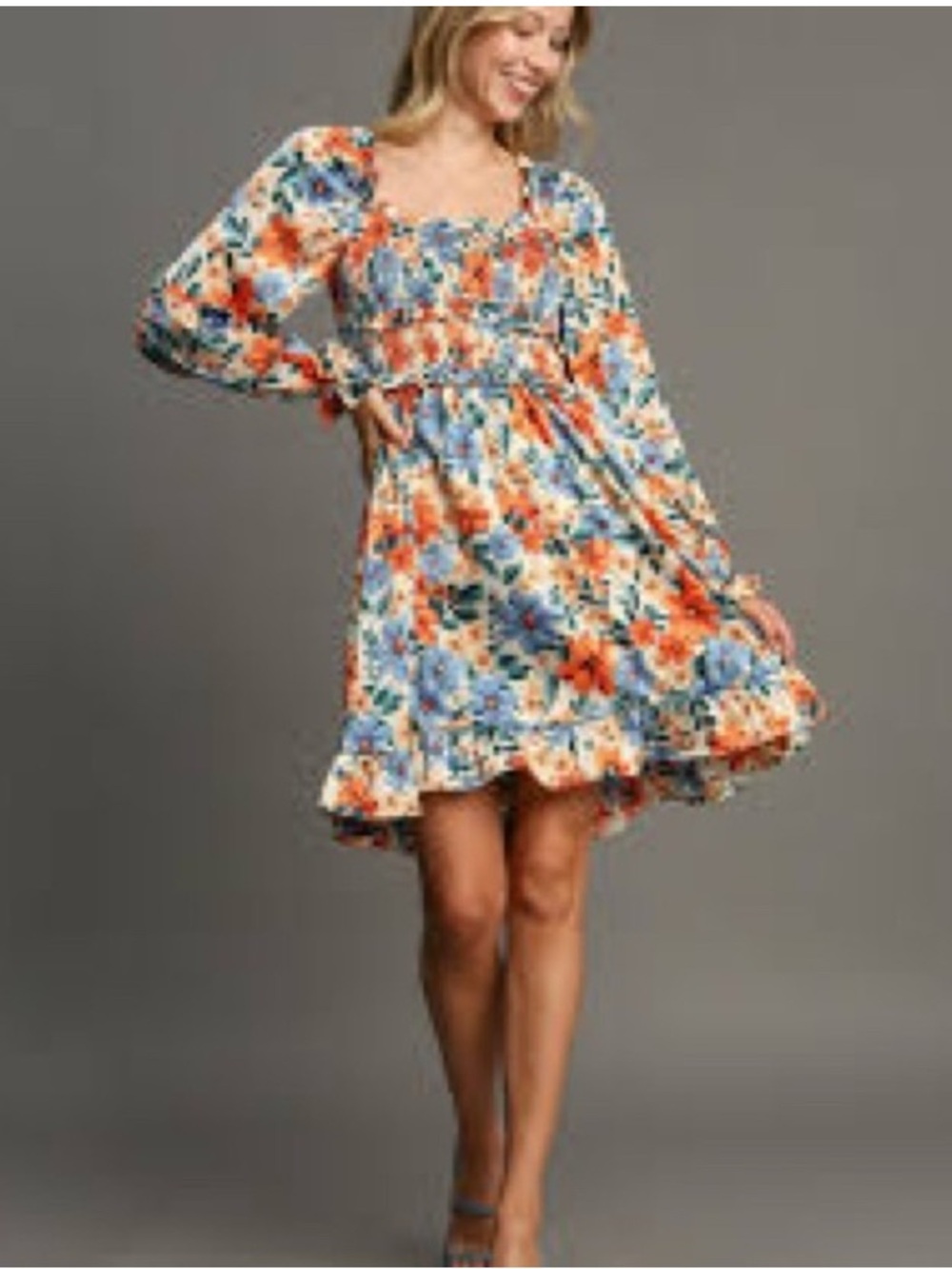 Umgee Floral Square-Neck Smocked Mini Dress in Multi-Color, size Medium